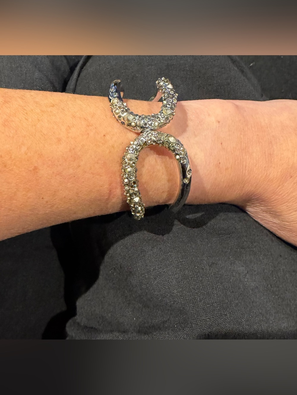 Alexis Bittar Signed Crystal Pavé Sculptural Open Cuff Bracelet Gunmetal